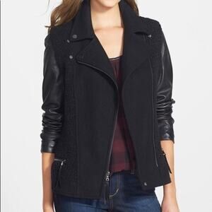 Adrianna Papell Moto Jacket M Black Faux Leather Sleeve Zip Biker Style Coat